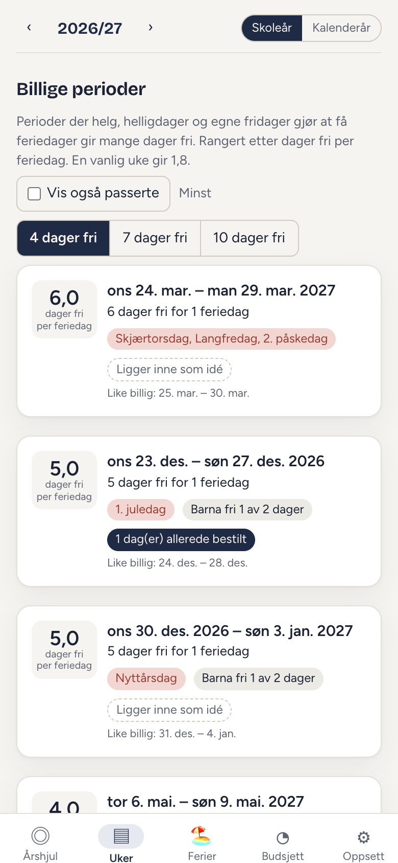 Billige perioder i appen: påsken 2027 gir 6 dager fri for 1 feriedag.